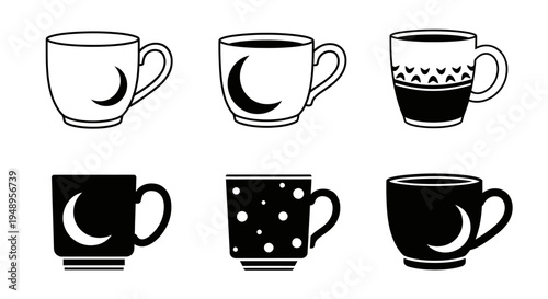 Collection of six coffee mugs with moon and polka dot designs in black and white styles perfect for nighttime beverages