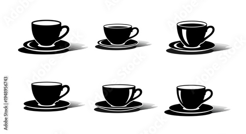 Set of six black coffee cups with saucers and subtle shadow effects creating depth and realism for elegant graphic designs