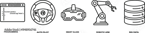 Modern technology linear icons featuring programming coding autopilot vr headset robotic arm and big data storage for future industry concepts