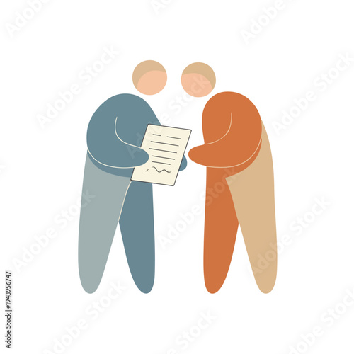 Two abstract figures are depicted, one presenting a document with text and a signature to the other, symbolizing agreement or an official exchange.