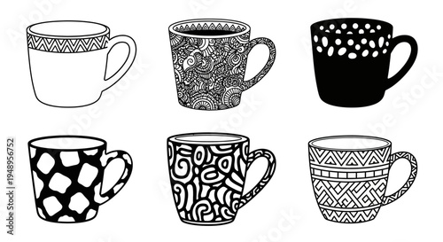 Set of six decorated coffee mugs black and white vector design with various patterns including tribal, floral, and polka dot