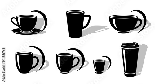 Set of six coffee cup and mug icons black silhouette vector design with crescent shape shadows various styles including travel mug