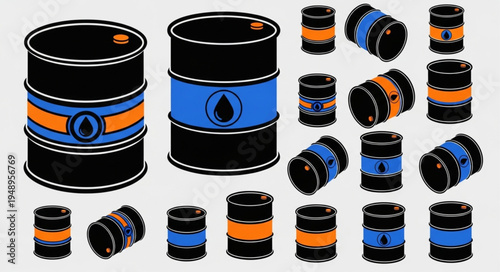 Oil Drums - A Collection of Black Barrels with Colored Bands.