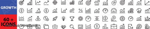 Growth web icons in line style. Target, graph, investment, performance, profit, collection. Outline icon in linear style