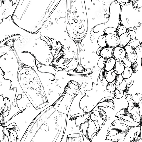 Champagne bottles, sparkling wine bubbles in flute glasses, grape bunches, leaves and tendrils. Seamless pattern hand drawn ink vector illustration. Wallpaper, menus, wrapping packaging backgrounds.