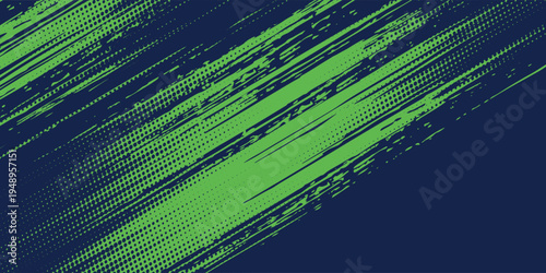 Abstract dynamic brush strokes background, lime green and navy blue grunge paint texture, energetic diagonal lines for sports design, racing, and urban poster.