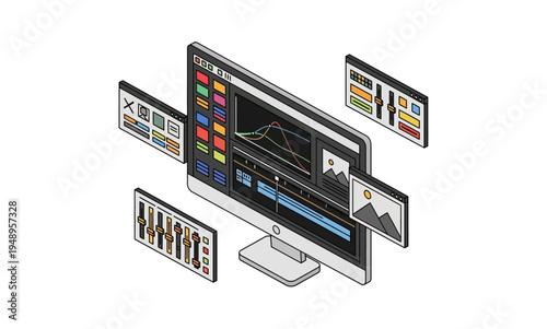 Isometric illustration of a desktop computer with video editing software interface and floating panels.