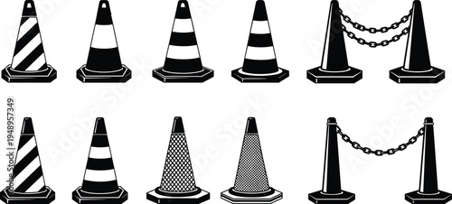 Traffic cone silhouette set safety barrier construction equipment road work bollard chain icon collection cad drawing flat vector illustration isolated on white background.