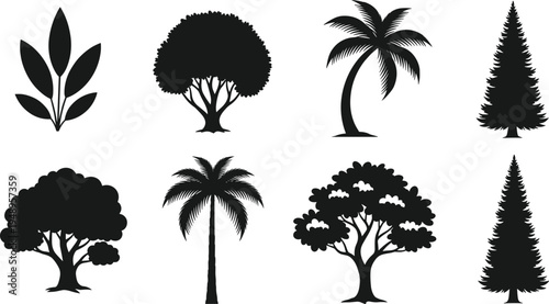 Collection of eight tree and plant silhouettes including palm, coniferous, deciduous, and broad-canopy forms arranged in rows for botanical diversity, landscape design, and educational illustration