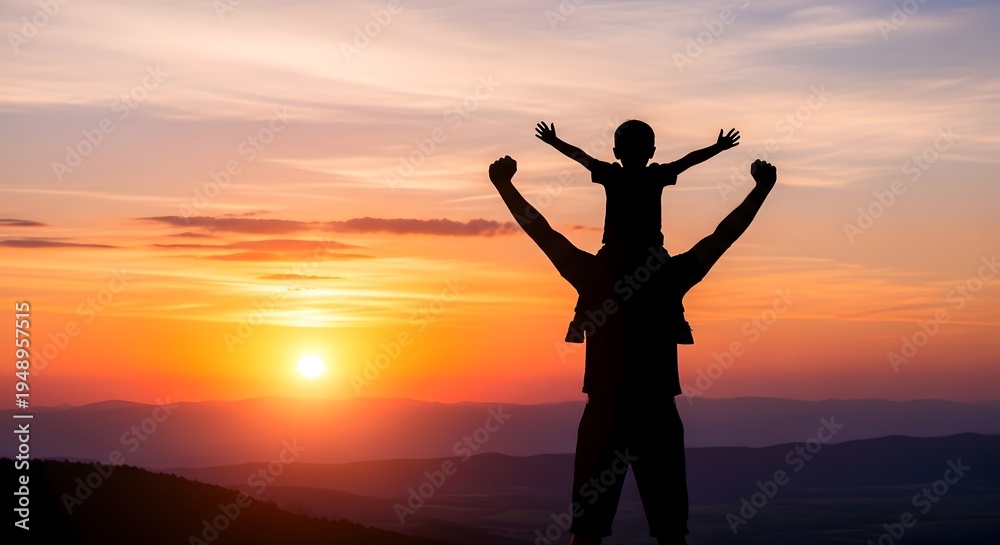Fototapeta premium Father and Son Silhouette at Sunset: Happy Family Moment on Mountain Top