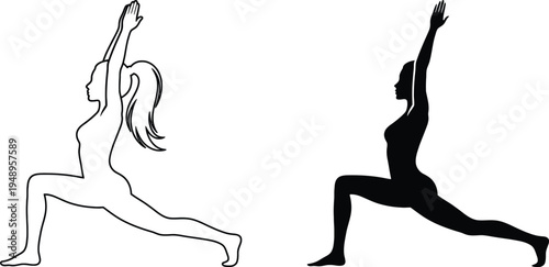 Yoga warrior pose woman silhouette and outline vector set for fitness branding wellness coaching and healthy lifestyle design