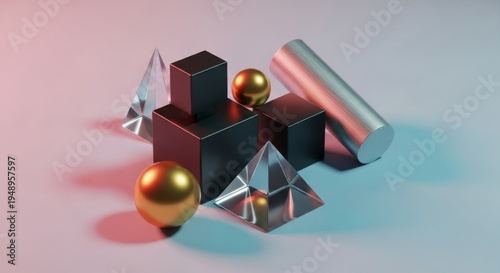 Collection of 3D geometric shapes in studio lighting