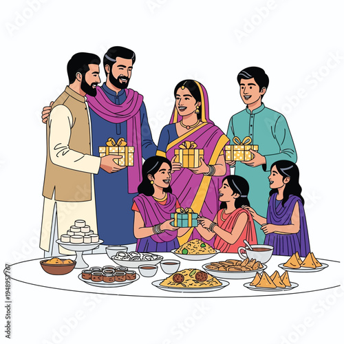 Indian family celebrating festival with gifts and food, happy gathering with traditional dishes on table