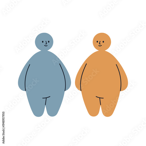 Two simple, blob-like figures, one blue and one orange, with minimal facial features and limbs, stand side-by-side on a white background.