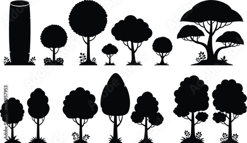 Collection of ten diverse tree silhouettes with varied shapes, canopies, and foliage patterns, including tall trunks, wide crowns, and bushy vegetation for landscape design and botanical illustration