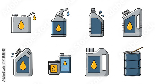 Collection of Oil Cans and Barrels with Oil Drop Symbol.