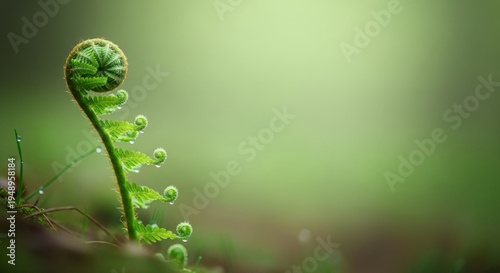 Delicate Fern Frond Unfurling with Dew Drops in Soft Green Light