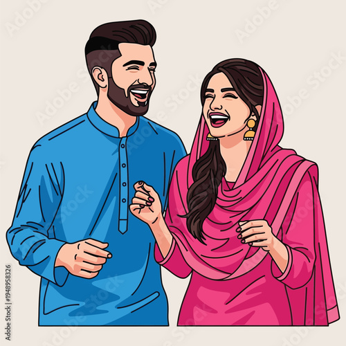 Young pakistani couple laughing together, showing joy and affection, traditional attire and happy moment