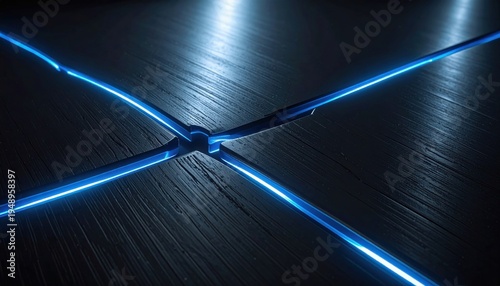Intricate glowing blue superconductive pathways etched onto a dark polished metallic surface