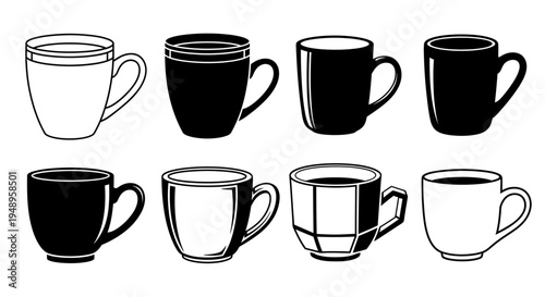 Collection of eight different coffee and tea mugs and cups in black and white style isolated on clean white background