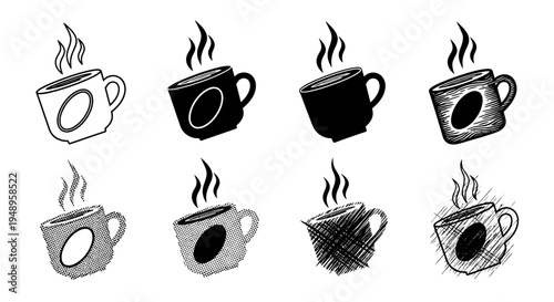 Set of eight stylized hot coffee mugs and cups with steam representing warm beverages in various artistic styles
