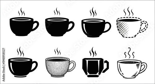Assortment of eight various hot coffee and tea cups with steam, showcasing different designs and textures in black and white