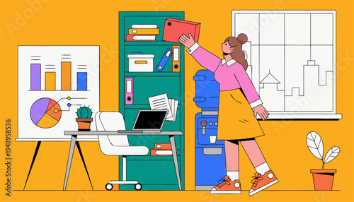 Female Professional Working in Bright Creative Office Interior with Laptop, Water Cooler, and Infographic Flipchart.eps