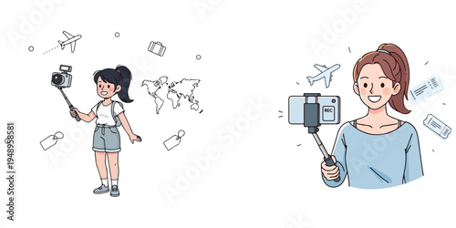 Woman takes a selfie with a selfie stick, capturing travel memories and experiences