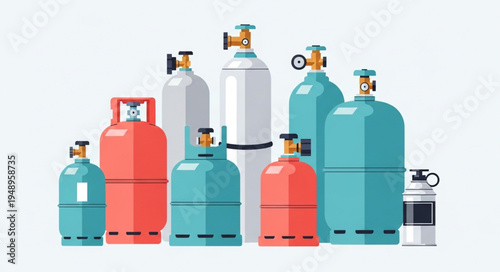 Collection of Colorful Gas Cylinders for Industrial and Medical Use.