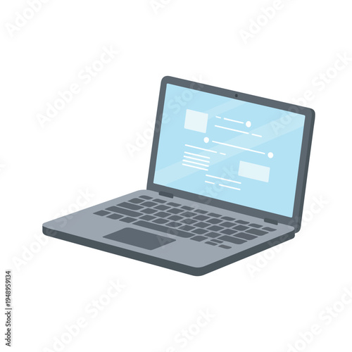 A flat vector illustration of an open grey laptop with a light blue screen showing abstract data, presented in an isometric view.