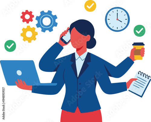 Productive Businesswoman with Multiple Arms Multitasking at Work