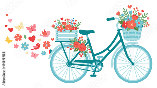 Spring bicycle with flower baskets. romantic valentine’s day card design