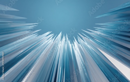 Abstract spiky shapes converging against a gradient blue background, view from below