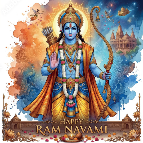 Lord Rama blessing portrait with bow watercolor style Ram Navami spiritual festival illustration