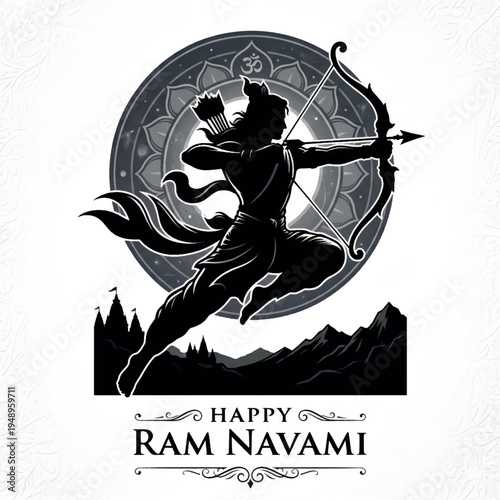 Lord Rama archer silhouette aiming arrow mythological Ram Navami vector illustration