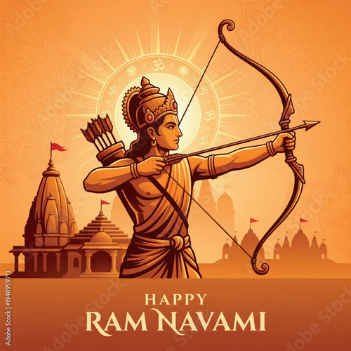 Lord Rama drawing bow with temple background Ram Navami Hindu festival illustration