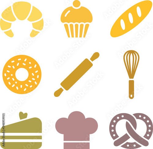 Baking including croissant muffin bread donut rolling pin whisk cake chef hat pretzel