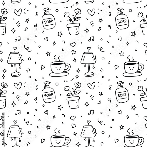 Hand Drawn Seamless Home Pattern with Coffee Cup, Soap Bottle, Lamp and Potted Plant