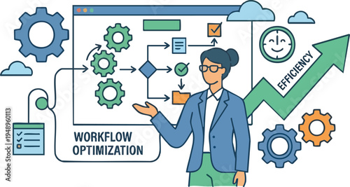Business Woman Presenting Workflow Optimization and Efficiency Concepts