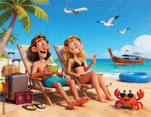 cartoon illustration capturing a cheerful tropical beach scene