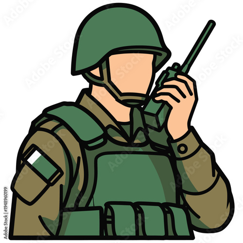 Soldier in uniform holding a radio, wearing helmet and tactical gear for communication