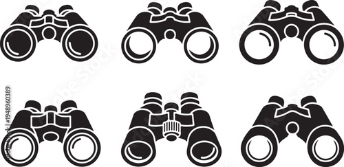 Collection of black binocular icons on white background