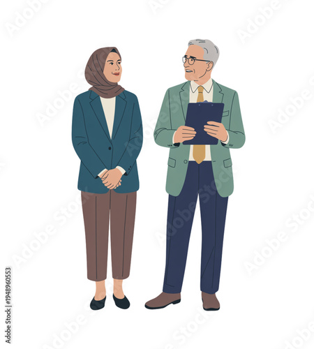 Professional diverse business partners talking, senior man with clipboard and young muslim woman in hijab