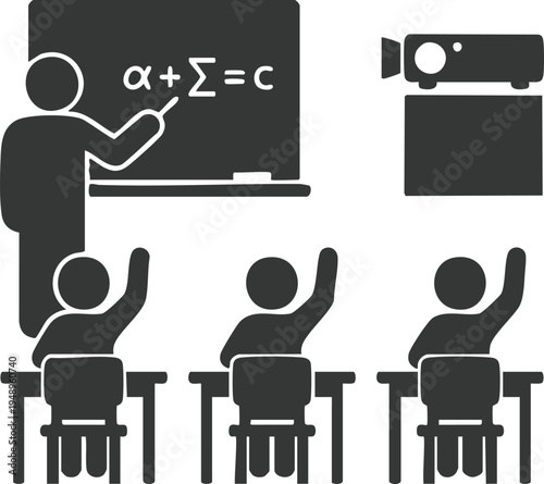 Teacher and students in a classroom with blackboard vector icon
