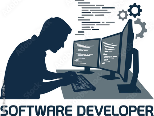 Software Developer Silhouette with Multiple Monitors and Code