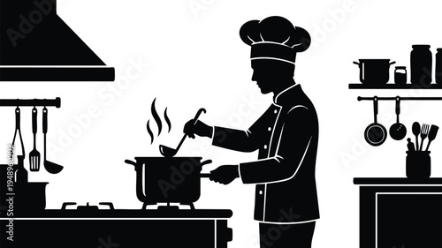 Silhouette of a professional chef cooking in a commercial kitchen