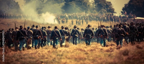 Army military soldier on march. American civil or independence war battle. Generative video AI technology.