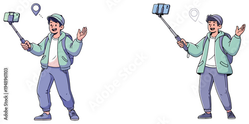 Traveler taking selfie with phone on selfie stick, modern lifestyle concept