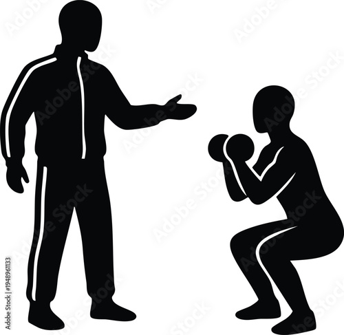 Personal Trainer Coaching Athlete During Squat Workout Silhouette