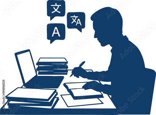 Man translating documents at desk with laptop silhouette vector